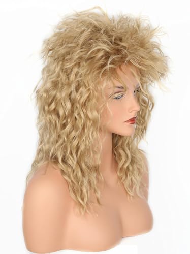 80s Rock Diva Wig Blonde Brown Fluffy Big Roll Mullet Wigs for Man or Woman Halloween Party Costume Cosplay Wig - color: Blonde/Brown