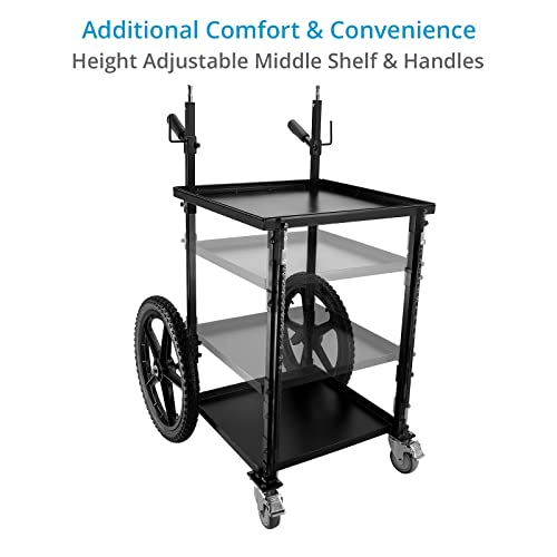 PROAIM Soundchief OG Sound Cart, 14U Rack Mount, 120kg/265lb, Collapsible | Aluminum build with 3 trays; adjustable middle shelf; 20 inch pneumatic rear wheels; 3 inch swivel front wheels; cable hooks