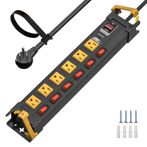 CRST 6-Outlet Metal Power Strip with Individual Switches 15A/1875W, 15FT - color: Black+Yellow, size: 6 Outlet-15FT