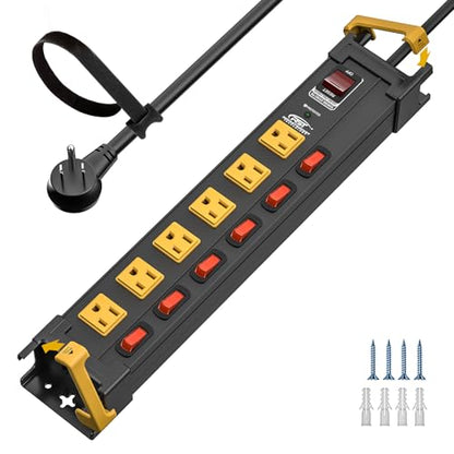 CRST 6-Outlet Metal Power Strip with Individual Switches 15A/1875W, 15FT - color: Black+Yellow, size: 6 Outlet-15FT