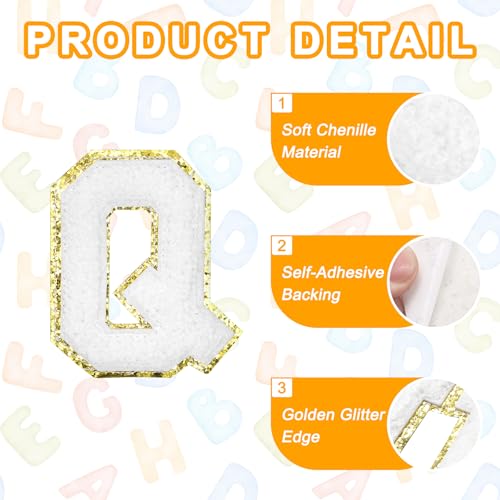MECCANIXITY Chenille Letter Patches 2.2" Self Adhesive Alphabet Q Stick on Embroidered Patch Sew on Letter Stickers Applique for Repairing Clothing Jeans Shoes Hats DIY(White, Pack of 8) - style: Letter Q