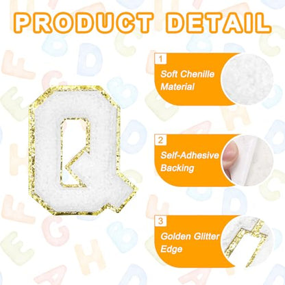 MECCANIXITY Chenille Letter Patches 2.2" Self Adhesive Alphabet Q Stick on Embroidered Patch Sew on Letter Stickers Applique for Repairing Clothing Jeans Shoes Hats DIY(White, Pack of 8) - style: Letter Q