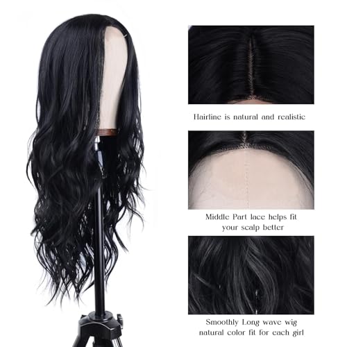 Aida ble Long Wavy Black Wig for Women 26inch Middle Part Synthetic Wig | Natural Looking Heat Resistant Hair,Suitable for Daily Wear,Party,Halloween and Cosplay,Beginner-friendly Wig - color: Black