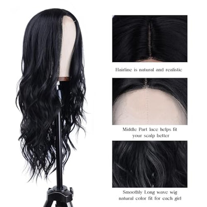 Aida ble Long Wavy Black Wig for Women 26inch Middle Part Synthetic Wig | Natural Looking Heat Resistant Hair,Suitable for Daily Wear,Party,Halloween and Cosplay,Beginner-friendly Wig - color: Black