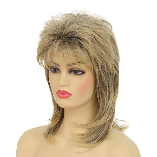 Blonde Mullet Wig for Women Short Shaggy Layered Hair Dark Roots Cosplay Rocker 70s 80s Costume Wigs - color: Blonde