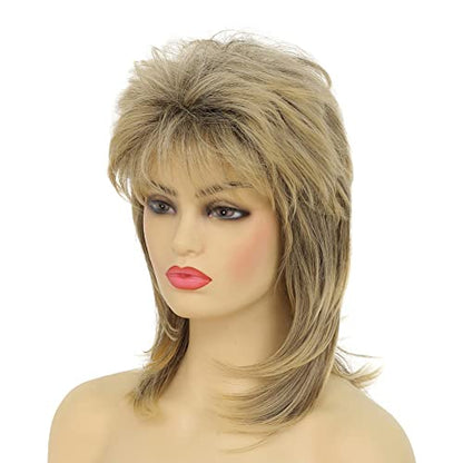 Blonde Mullet Wig for Women Short Shaggy Layered Hair Dark Roots Cosplay Rocker 70s 80s Costume Wigs - color: Blonde