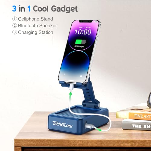 TechGlow Gifts for Men Women Foldable Cellphone Stand with Bluetooth Speaker and Charging Funtion Birthday Gift Idea for Mom Dad Cool Gadget Tech Gifts-Blue - color: Blue