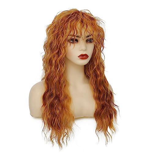 Long Mullet Wigs for Women Curly Blonde Wavy Rocker Punk 70s 80s Costumes Wigs with Bangs Halloween Cosplay Party Wig - color: Long Blonde