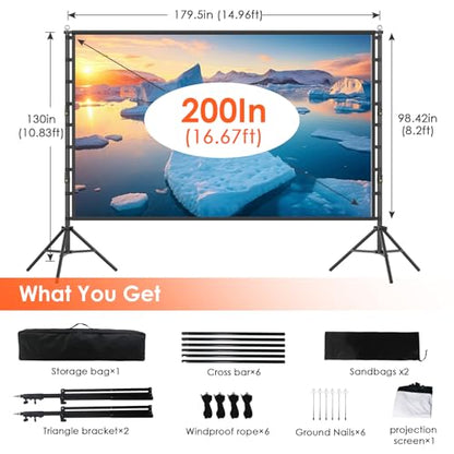 Outdoor Projector Screen with Stand, 200 inch Indoor Movie Screen 16:9 4K Rear Front Portable Projection Screen, Quick Setup Foldable Travel Home Theater Screen with Carry Bag for Backyard Camping - size: 200 inch-ZJ