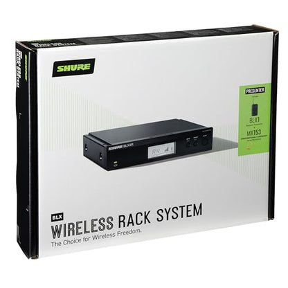 Shure BLX14R/MX53 Rack-Mount Earset Audio System H9 Band (512–542 MHz) – BLX4R Receiver, BLX1 Bodypack & MX153 Earset Mic, Up to 14 Hr Battery, 300 ft Range - style: H9 Band (512-542 MHz)