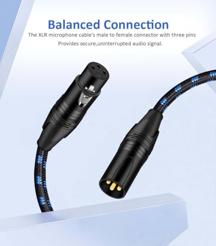 XLR Mic Cable 3-Pin XLR Male to Female Microphone Audio Cable, 20FT Black Blue Tweed Braided Balanced DMX AMP Instrument Patch Cords for Mixing Boards, Speaker Systems, Pro Audio, Preamps - size: 20FT/6M