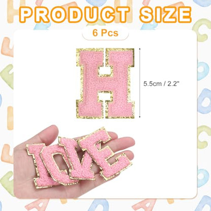 MECCANIXITY Chenille Letter Patches 2.2" Self Adhesive Alphabet H Stick on Embroidered Patch Sew on Letter Stickers Applique for Repairing Clothing Jeans Shoes Hats DIY(Pink, Pack of 6) - style: Letter-H
