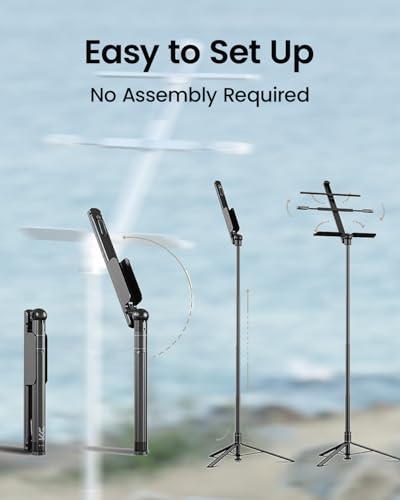 KraftGeek Capsule Music Stand for Sheet Music, 66" Portable Music Stand | No Assembly, Folding Design for Travel, 29"-66" Adjustable Height, Foldable Tray Fits A3 Sheets, Dual 1/4" Mounts - color: White