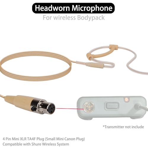 YXG Headworn Earset Over Ear Hanging Mic Beige Low Profile Light-Weight Microphone Compatible with Shure Wireless System Bodypack Transmitter with 1.45m Cable Mini XLR 4 Pin TA4F Plug