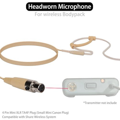 YXG Headworn Earset Over Ear Hanging Mic Beige Low Profile Light-Weight Microphone Compatible with Shure Wireless System Bodypack Transmitter with 1.45m Cable Mini XLR 4 Pin TA4F Plug