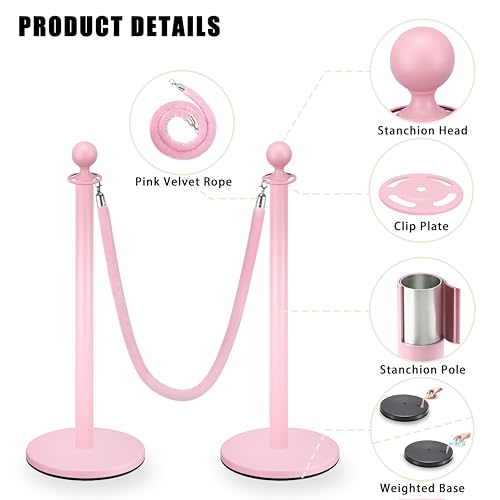 Pink Stanchions and Velvet Ropes 6pcs Stainless Steel Posts | 4pcs 5ft Pink Velvet Ropes Crowd Control Barriers with Durable Refillable Base for Wedding, Party & Exhibition Events - color: Pink, size: 6 PCS