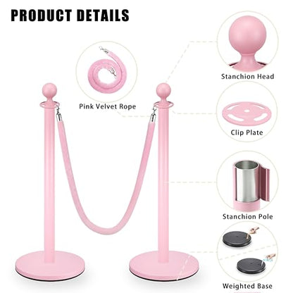 Pink Stanchions and Velvet Ropes 6pcs Stainless Steel Posts | 4pcs 5ft Pink Velvet Ropes Crowd Control Barriers with Durable Refillable Base for Wedding, Party & Exhibition Events - color: Pink, size: 6 PCS