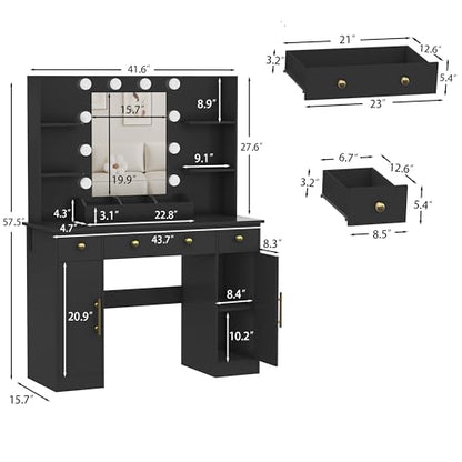 HUANLEGO Vanity Desk with Mirror and Lights, Makeup Vanity with Mirror and LED Lights & Power Outlet, 3 Drawers and Cabinets, 3 Lighting Modes Dressing Table Set for Girls Women Bedroom,Black - size: 43.7x15.7x57.6 in, style: Black