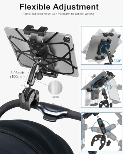 Metal iPad Tablet Mount for Boat Helm, Marine, Wheelchair, Golf Cart, Stroller, Treadmill, Spin Bike, Bicycle, Mic Stand - 360° Adjustable Handlebar Clamp for 4-13" iPad Pro, Air, Mini, Galaxy, iPhone