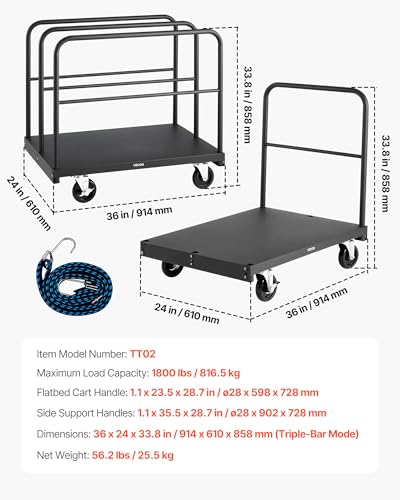 VEVOR Drywall Cart Dolly, 1800 lbs Load Capacity, 2-in-1 Steel Panel Truck Cart with 5 inch Swivel Casters, 36 x 24 inch Platform Truck with 4 Side Handrails for Factory, Warehouse, Garage, Black - style: 2-in-1-1800 LBS