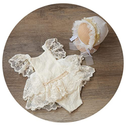Zeroest Baby Girls Photography Lace Outfits & Props | Newborn Girl Photo Shoot Set with Romper, Headbands, Infant Photoshoot Prop - color: Floral White