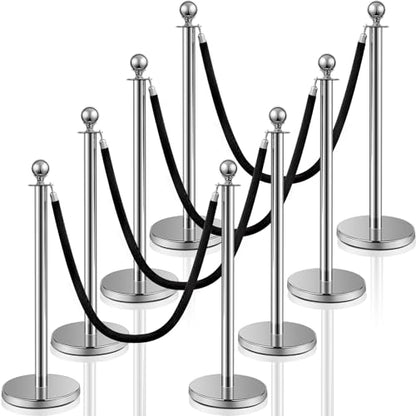 Ferraycle 8 Pcs Crowd Control Stanchions and Velvet Ropes 5 ft Poles Silver Crowd Control Barriers Black Ropes Stainless Steel Stanchions Post for Party Supplies - color: Black