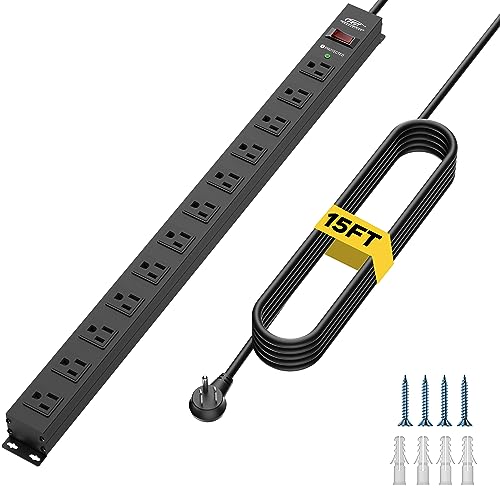CRST 12-Outlet Long Power Strip with 2100J Heavy Duty Surge Protector, 15FT | Mountable Power Strip, Wide Spaced Outlets for Industrial Garage Commercial(15A/1875W) - size: 15 FT