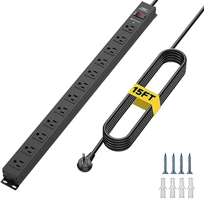 CRST 12-Outlet Long Power Strip with 2100J Heavy Duty Surge Protector, 15FT | Mountable Power Strip, Wide Spaced Outlets for Industrial Garage Commercial(15A/1875W) - size: 15 FT
