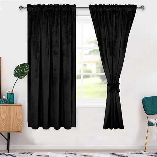Hiasan Black Velvet Blackout Curtains 63 inch, Set of 2 Panels, 52W x 63L - color: Black, size: 52"W x 63"L (Pack of 2)