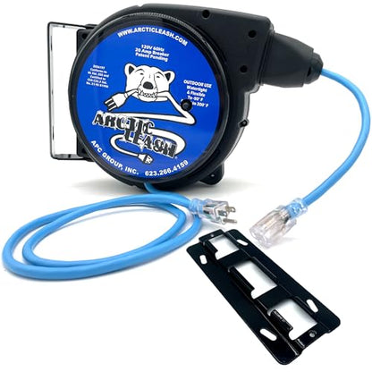 Outdoor Extreme Cold Weather Retractable Extension Cord Reel – 70 ft Heavy-Duty 12/3 SJEOOW Cable with 20A Resettable Breaker, 180° Swivel Mount, Retractable to -60°F, AL-702012-F