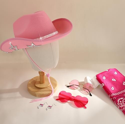GIFIKOI Cowgirl Outfits Star Cowboy Hat Sparkly Boots Earrings Bandana Sunglasses for Women Western Costume Accessories - color: Pink