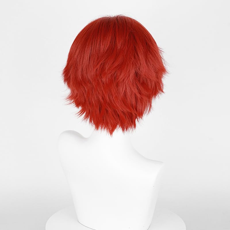 LABEAUTÉ Short Fresh Red Anime Cosplay Wig Male Men Anime Layered Unisex Heat Resistant Hair Wig with Bangs for Party and Halloween for Gift + Free Cap - color: Fresh Red