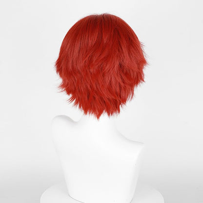 LABEAUTÉ Short Fresh Red Anime Cosplay Wig Male Men Anime Layered Unisex Heat Resistant Hair Wig with Bangs for Party and Halloween for Gift + Free Cap - color: Fresh Red