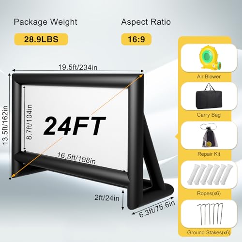 Inflatable Projector Screen, 24FT Blow Up Movie Screen Outdoor Projector, Easy Set Up One-piece Design Front & Rear Projection with Air Blower for Outside Backyard Family Movie Night Pool Party - size: 24FT