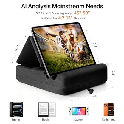 Tablet Pillow Stand with Storage, Foldable iPad Holder for Lep, Bed, Sofa, and Desk - Soft Pad Dock with Pocket and Stylus Mount Compatible with 4-13" iPad Pro/Air/Mini, Galaxy Tab, Kindle - color: Black