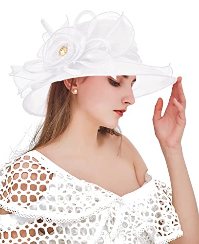 Women Derby Fascinator Hat Organza Church Wedding Hats Wide Brim Cocktail Tea Party Hat - color: 08 White