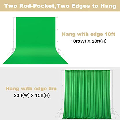 10X20ft Large Green Screen Backdrop for Photography, LCUIRC Two Rod Pocket Chromakey Collapsible Green Polyester Curtain with 4 Clamps for Photography, Zoom Meeting and Game Live Steaming - color: 10x20ft Green