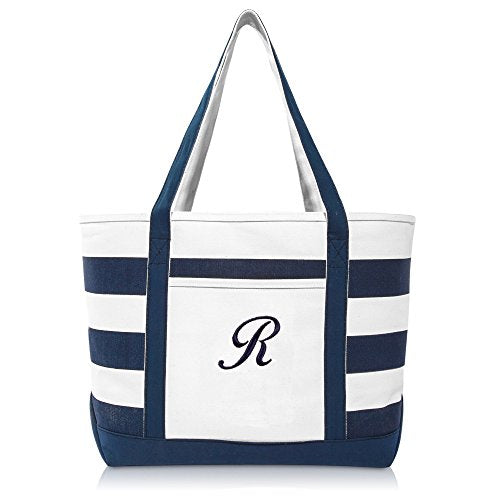 DALIX Premium Beach Bags Striped Navy Blue Zippered Tote Bag Monogrammed A - Z - color: R