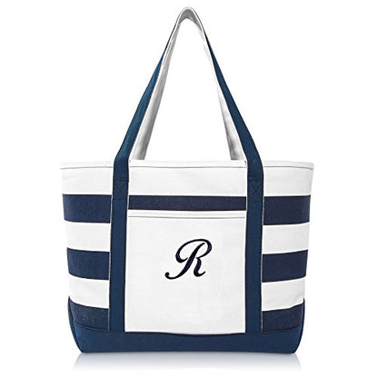 DALIX Premium Beach Bags Striped Navy Blue Zippered Tote Bag Monogrammed A - Z - color: R