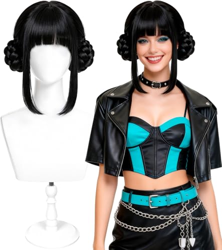 Black Anime Cosplay Wig for Adults with Bun and Bangs, Synthetic Wig | Smooth synthetic black wig with bun and bangs for adults, ideal for Halloween, cosplay, stage performances and parties - color: Black