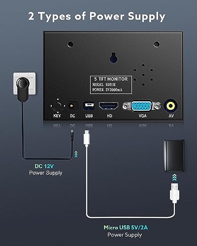 Eyoyo 5 inch Monitor, 800x480 Mini TFT LCD Screen Small Camera | Video Monitor 1/4 Screw Hole with HDMI/VGA/AV Video Input for Car PC DVD DVR CCD DSLR-140° Wide Angle Metal Housing - style: 5 inch monitor