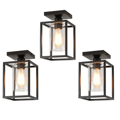 3 Pack Semi Flush Mount Ceiling Light,Black Metal Frame Ceiling Light Fixture with Clear Glass Shade, Farmhouse Light Fixture for Kitchen Island Entryway Porch Foyer - color: 3 PACK
