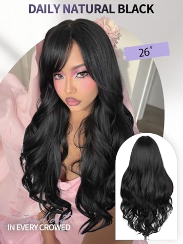 WIGER Black Long Wavy Hair With Bangs, Layered Synthetic Curly Wig Black Wig for Women Daily Party Use, No Lace Cosplay/Music Festival/Carnival/Valentine's Day Wigs - color: Black