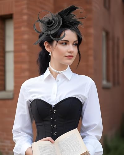 Fascinators Hat for Women Tea Party Tulle Mesh Headband Feather Hat for Women Veil Tea Party Hats - color: Black