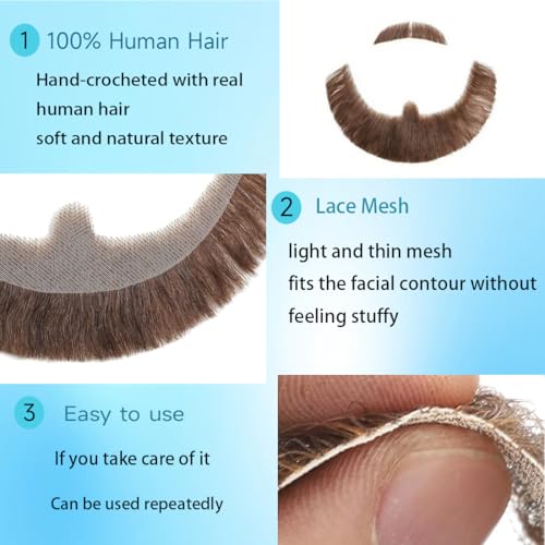 Hand-Tied Human Hair Fake Beard and Mustache for Costumes and Theater | Hand-knotted human hair on lightweight lace creates natural-looking facial hair for costumes, cosplay, theater and film - color: Style 9--brown