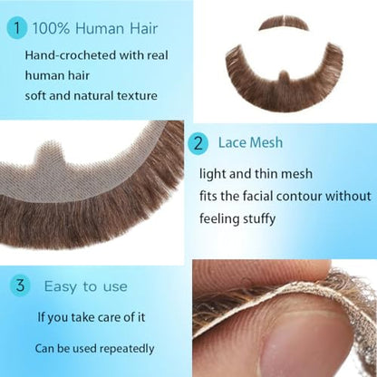 Hand-Tied Human Hair Fake Beard and Mustache for Costumes and Theater | Hand-knotted human hair on lightweight lace creates natural-looking facial hair for costumes, cosplay, theater and film - color: Style 9--brown