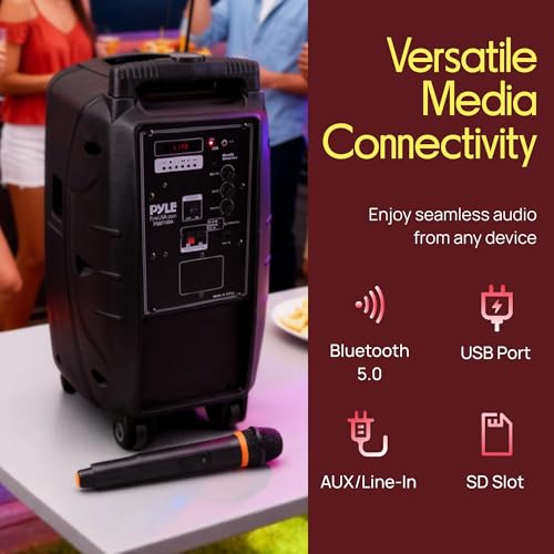 Pyle PSBT105A - 1000W Portable Bluetooth PA Speaker, 10'' Subwoofer, UHF Wireless Mic, MP3/USB/SD, Rechargeable Battery, LED Battery Indicator Lights, Black - size: 10 inch