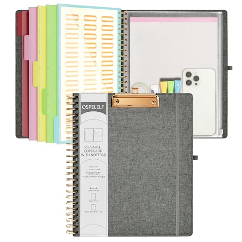 Ospelelf Foldable Spiral Clipboard Folio with Storage Zipper Pouch, 5 Plastic Folders with 10 Pockets,Refillable Lined Notepad (11" x 8.5"), Hardcover Project Organizer with 39 Stickers (Dark Grey) - color: Drak Gray