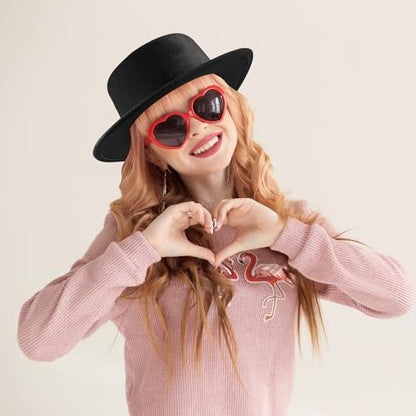 Fashion Classic Black Fedora Hats + Red Heart Sunglasses Costume Outfit - Flat Wide Brim Church Cap Jazz Hat - style: Kids