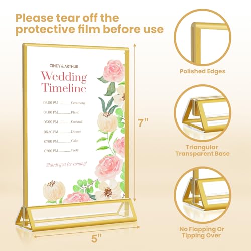 5x7 Gold Acrylic Sign Holder, 12 Pack Wedding Table Number Stands With Vertical Gold Borders, Double Sided Picture Frame Paper Stand, Clear Photo Display Menu for Party, Home, Restaurant - color: Vertical-12 Pack-5 x 7